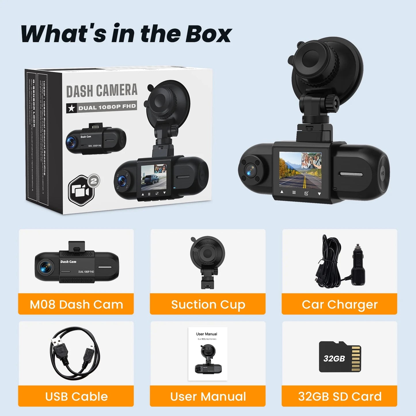 Front and Interior Dash Cam, 1080P FHD Car Camera with Rear IR Night Vision, Accident Lock, 24-Hour Park Mode, G-Sensor, Includes 32GB Memory Card