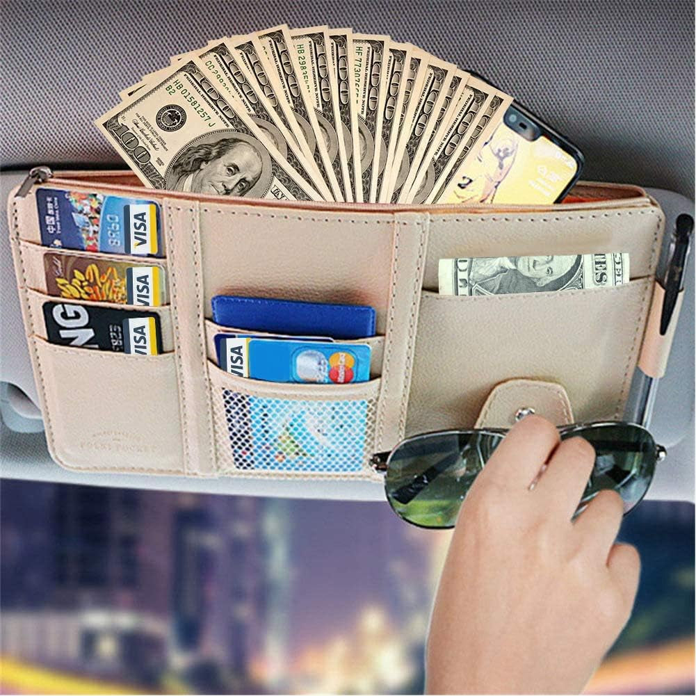 Car Sun Visor Organizer, Auto Car Interior Leather Accessories Storage Pocket Sun Visor Pouch Case Bag for Card License Registration Pen Mobile Phone Bill Note Key Document (Beige)