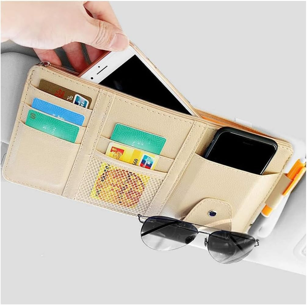Car Sun Visor Organizer, Auto Car Interior Leather Accessories Storage Pocket Sun Visor Pouch Case Bag for Card License Registration Pen Mobile Phone Bill Note Key Document (Beige)