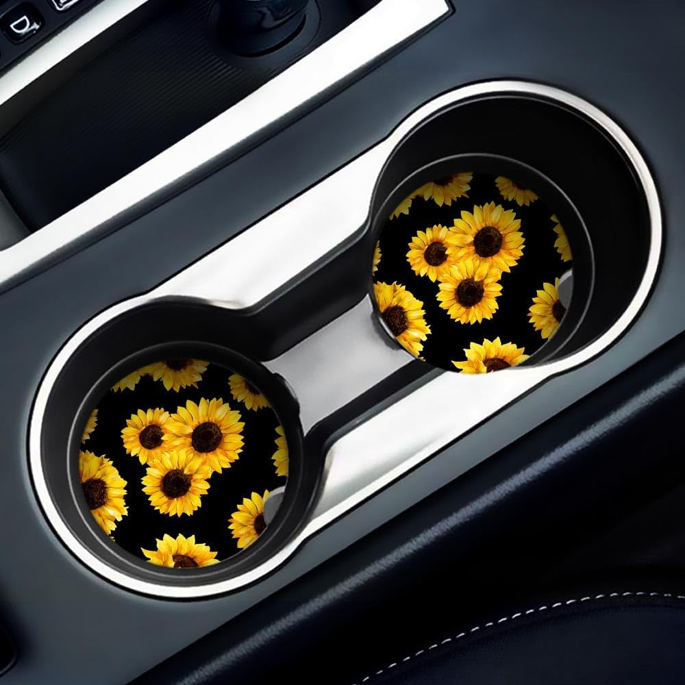 Absorbent Car Coasters 2 Pack for Cup Holders, 2.56" Ceramic Stone & Non-Scratch Cork Base Drink Coasters Sunflower