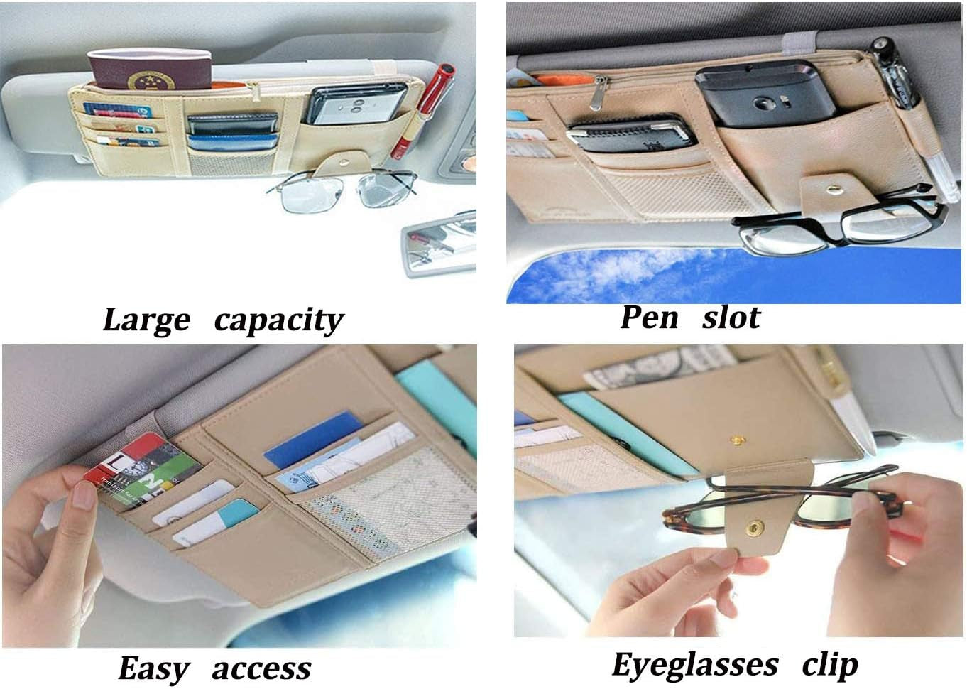 Car Sun Visor Organizer, Auto Car Interior Leather Accessories Storage Pocket Sun Visor Pouch Case Bag for Card License Registration Pen Mobile Phone Bill Note Key Document (Beige)