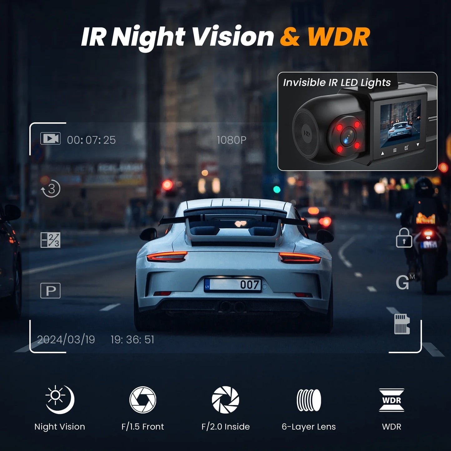 Front and Interior Dash Cam, 1080P FHD Car Camera with Rear IR Night Vision, Accident Lock, 24-Hour Park Mode, G-Sensor, Includes 32GB Memory Card