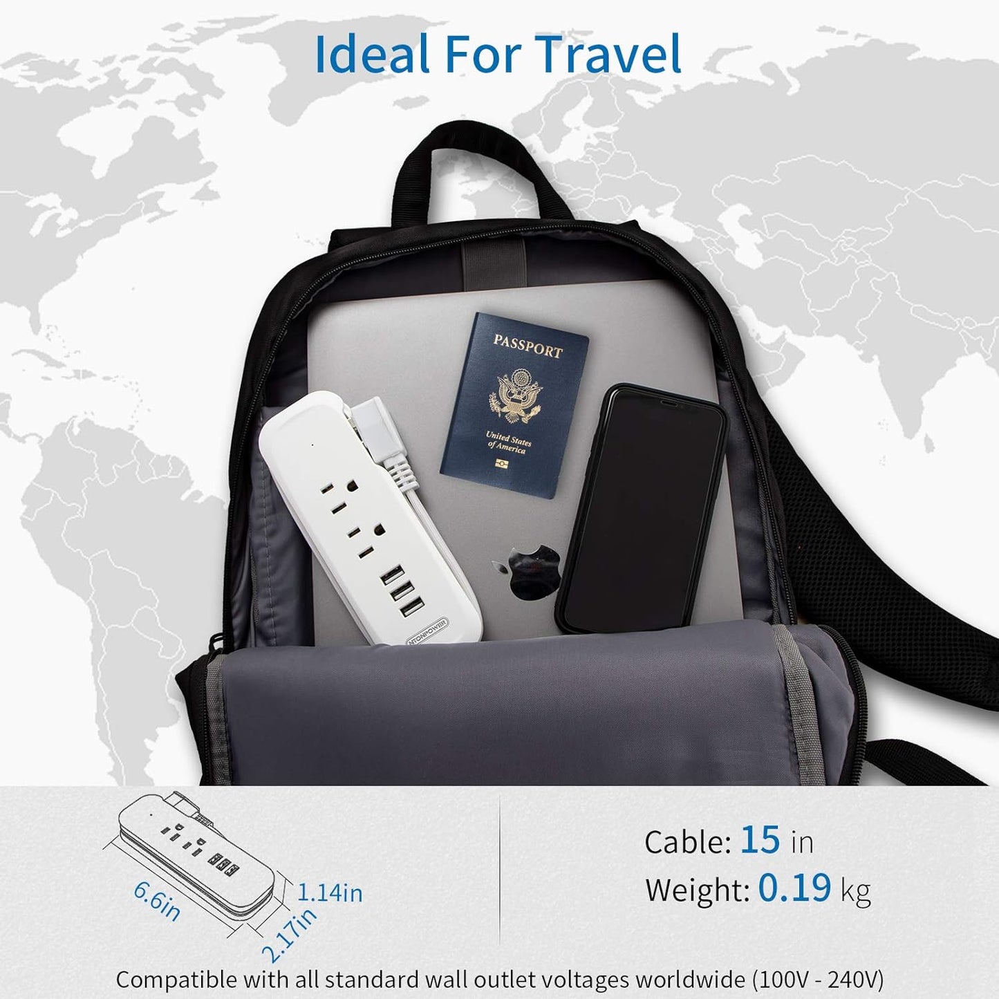 Travel Power Strip with USB Ports - 2 Outlets and 3 USB Charging Station, 15-Inch Compact Extension Cord for Hotels, Cruises, Nightstands, Airports, and Conference Rooms - White