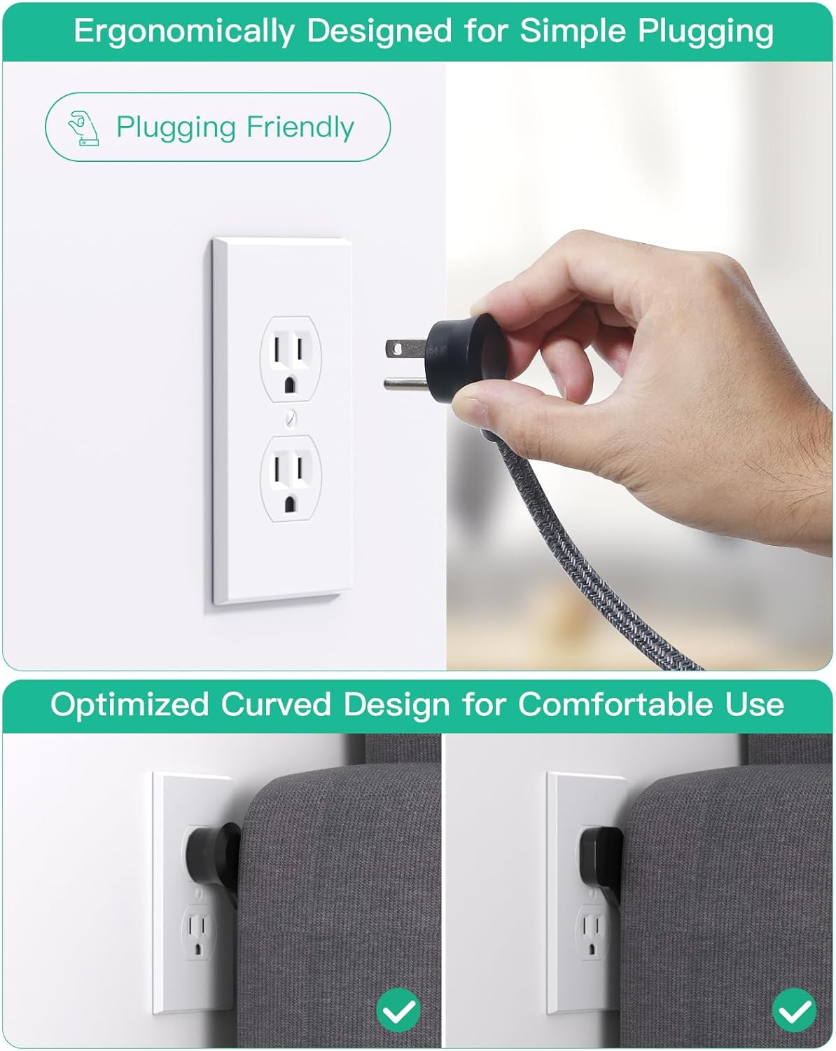 Cruise Ship Power Strip - Mountable Flat Plug with 3 Outlets and 4 USB Ports (Smart 3.1A), 5Ft Braided Extension Cord, Ideal for Travel, Home, and Dorm Use