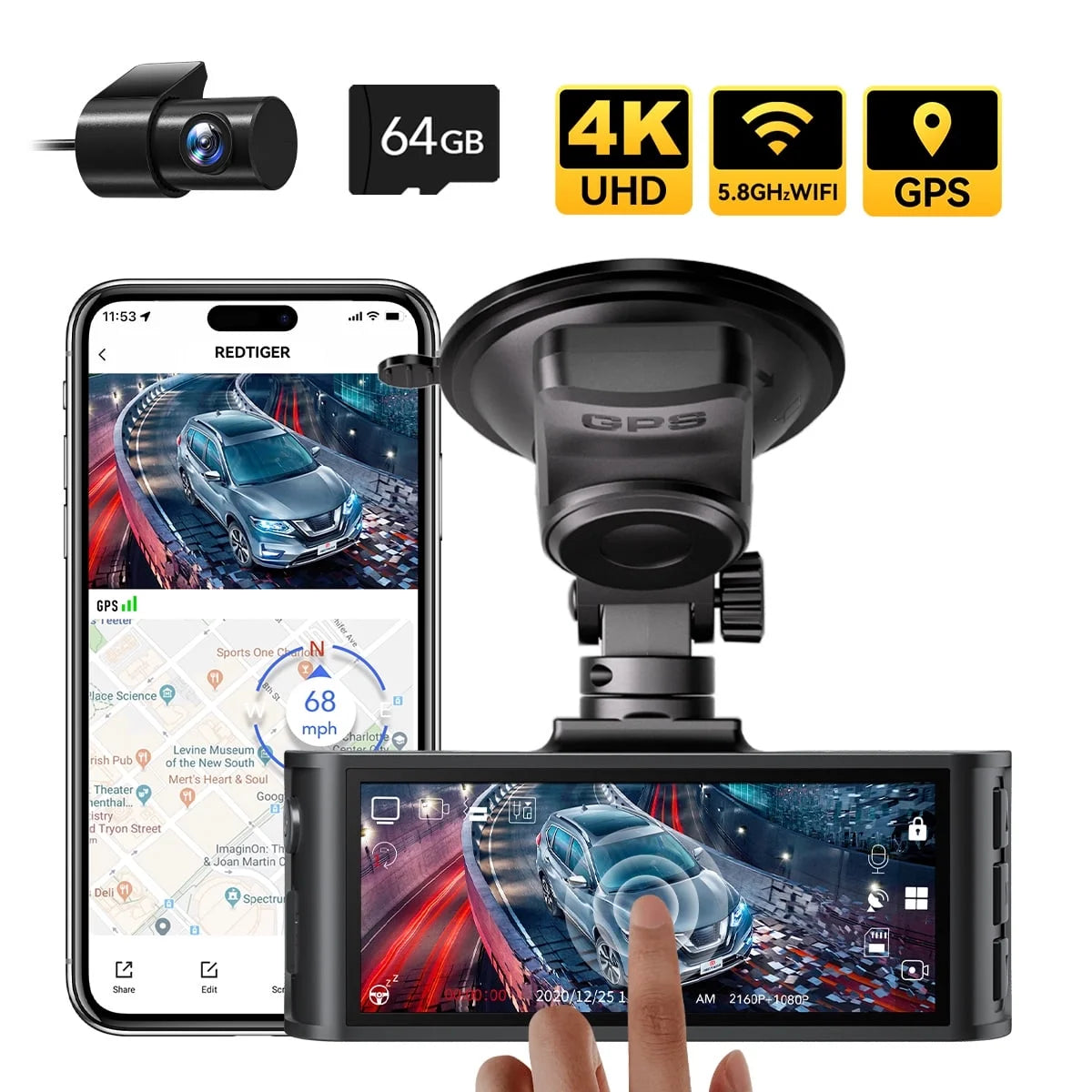 4K Dual Channel Dash Cam with Touch Screen, WiFi, GPS, Voice Control, Enhanced Night Vision, WDR, 24-Hour Parking Mode, Includes Free 64GB Memory Card