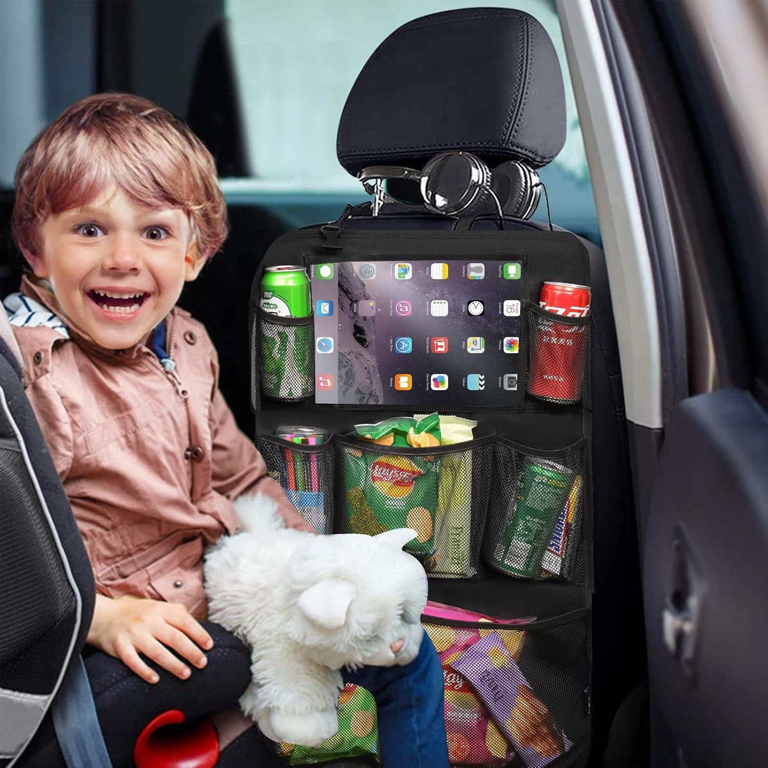 Car Backseat Organizer,Kick Mats Back Seat Protector with Touch Screen Tablet Holder,9 Storage Pockets, Waterproof Car Back Seat Organizer for Kids, Car Travel Accessories,Black (1.0, 1 Pack)