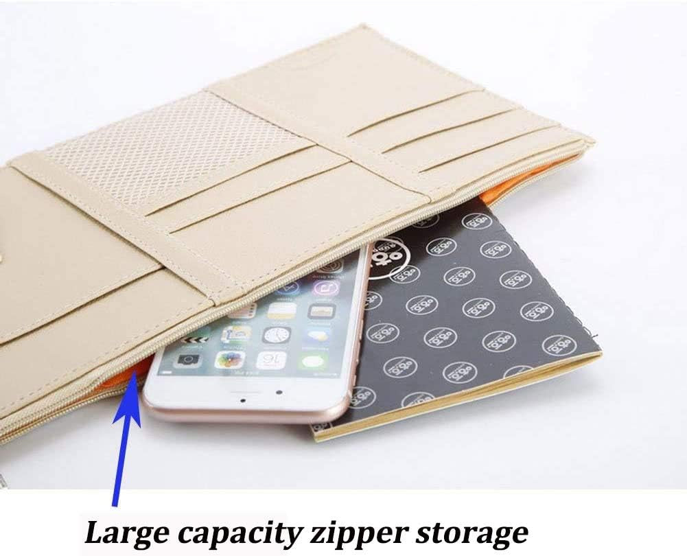 Car Sun Visor Organizer, Auto Car Interior Leather Accessories Storage Pocket Sun Visor Pouch Case Bag for Card License Registration Pen Mobile Phone Bill Note Key Document (Beige)