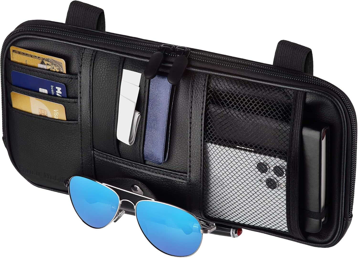 Car Sun Visor Organizer – Car, SUV, Truck Interior Accessories - Magnetic Glasses Holder & Full Length Horizontal Pockets, Allows Safe Driving - 12.2 X 6.1 In, Black