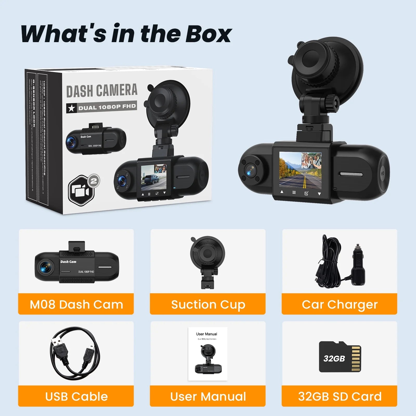 Front and Interior Dash Cam, 1080P FHD Car Camera with Rear IR Night Vision, Accident Lock, 24-Hour Park Mode, G-Sensor, Includes 32GB Memory Card