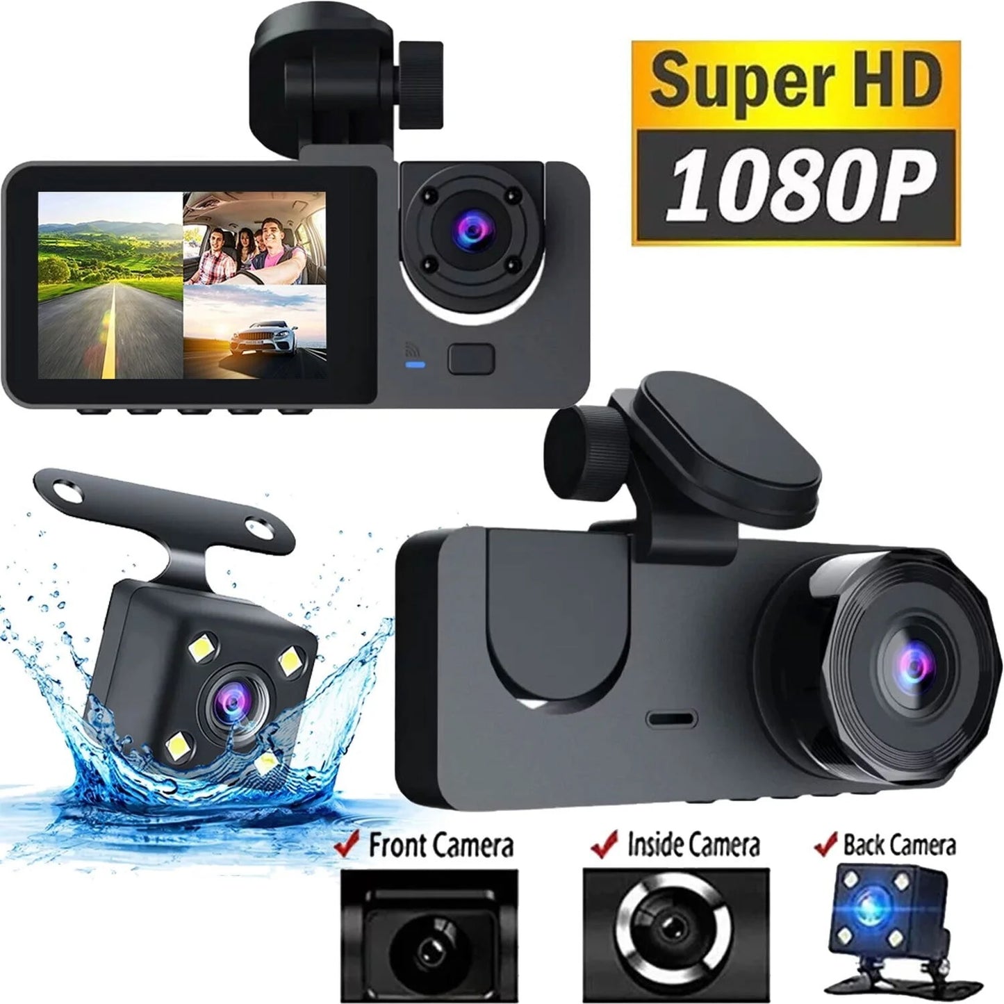 1080P Triple Channel Dash Camera for Vehicles with Enhanced Night Vision, Parking Monitoring, Loop Recording, and 32GB SD Card Included