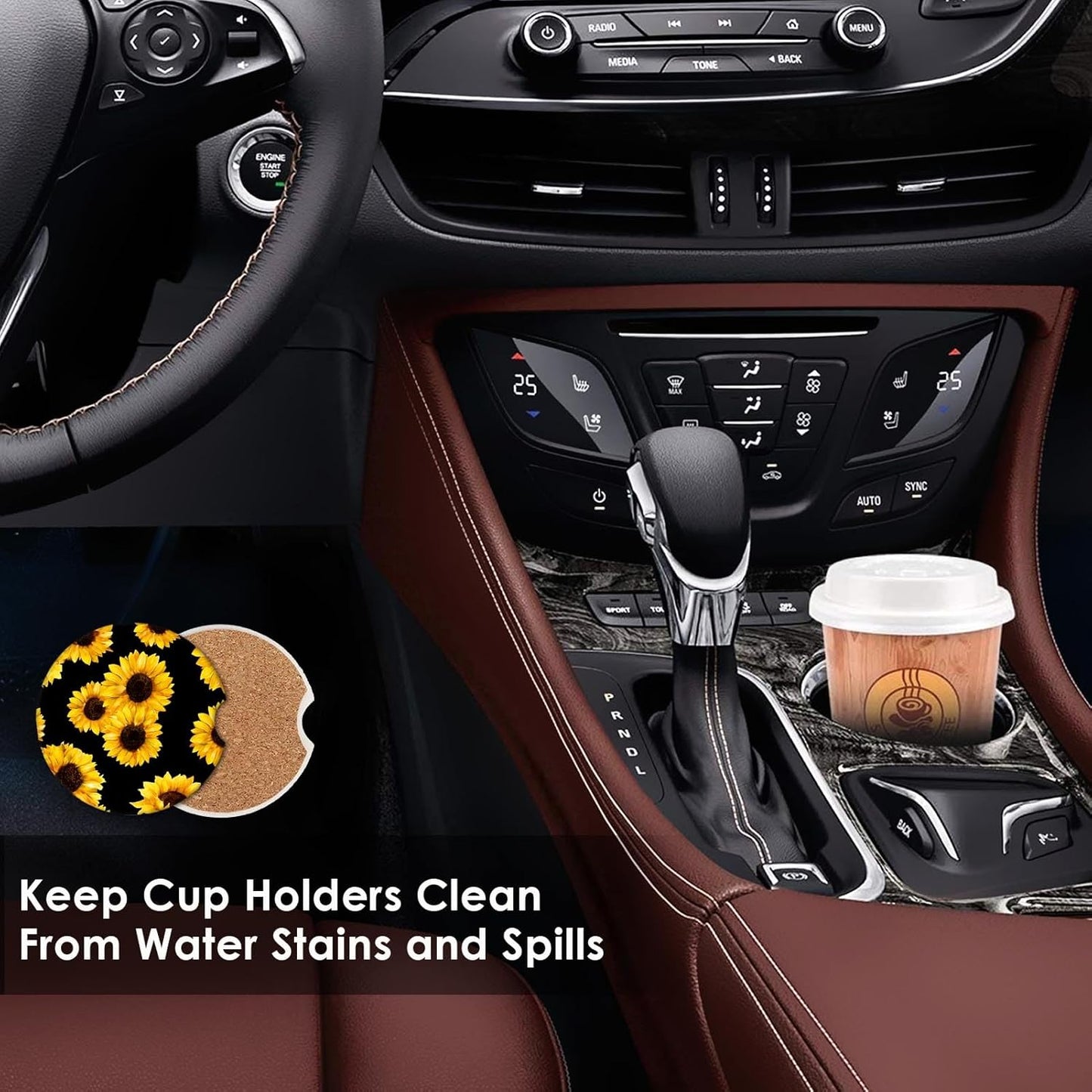 Absorbent Car Coasters 2 Pack for Cup Holders, 2.56" Ceramic Stone & Non-Scratch Cork Base Drink Coasters Sunflower