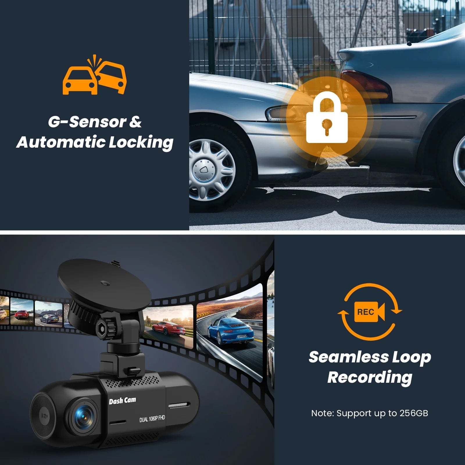 Front and Interior Dash Cam, 1080P FHD Car Camera with Rear IR Night Vision, Accident Lock, 24-Hour Park Mode, G-Sensor, Includes 32GB Memory Card