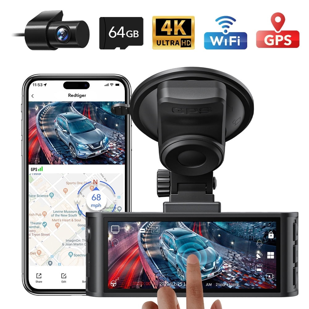 4K Dual Channel Dash Cam with Touch Screen, WiFi, GPS, Voice Control, Enhanced Night Vision, WDR, 24-Hour Parking Mode, Includes Free 64GB Memory Card