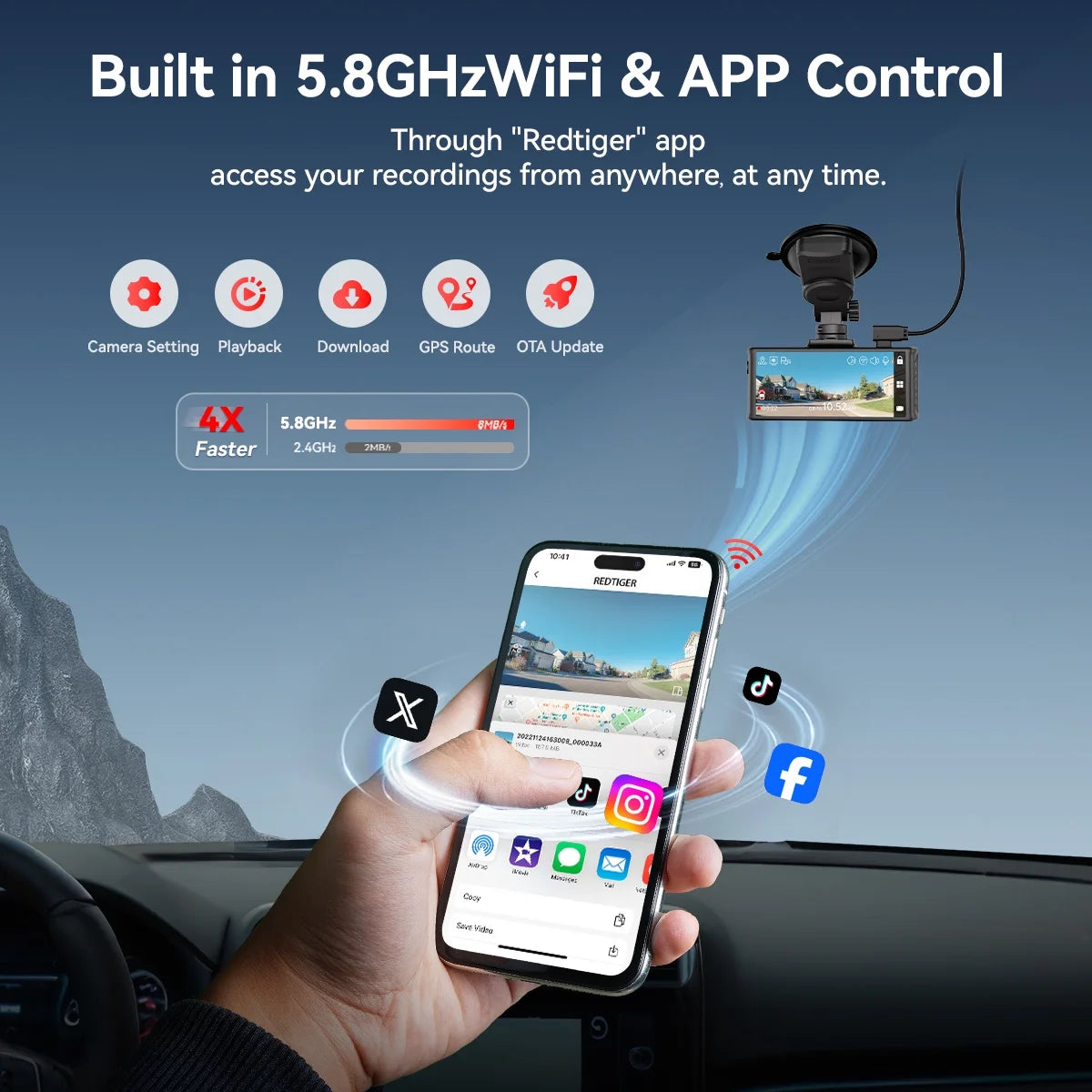 4K Dual Channel Dash Cam with Touch Screen, WiFi, GPS, Voice Control, Enhanced Night Vision, WDR, 24-Hour Parking Mode, Includes Free 64GB Memory Card