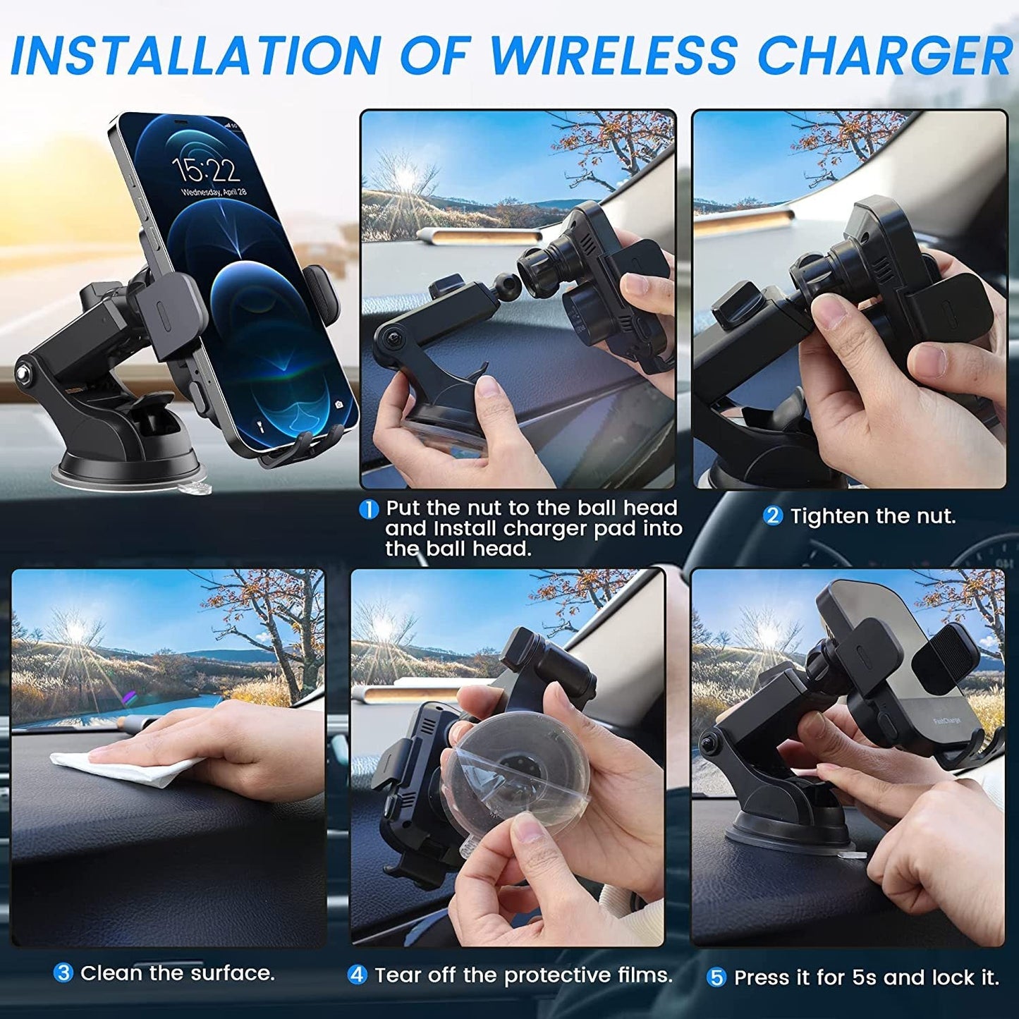 Wireless Car Charger, Fast Charging 15W Auto Clamping Car Charger