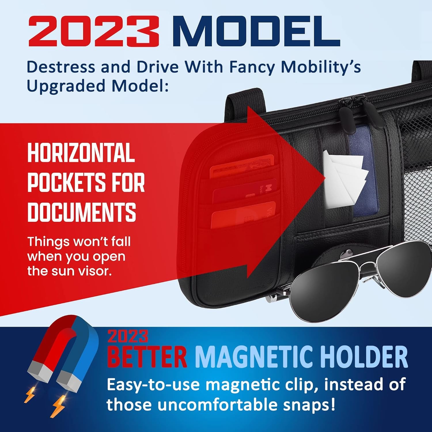 Car Sun Visor Organizer – Car, SUV, Truck Interior Accessories - Magnetic Glasses Holder & Full Length Horizontal Pockets, Allows Safe Driving - 12.2 X 6.1 In, Black