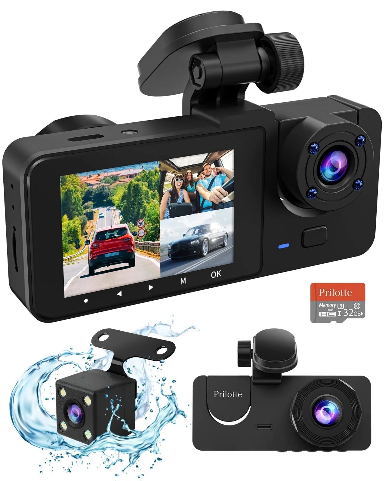 1080P Triple Channel Dash Camera for Vehicles with Enhanced Night Vision, Parking Monitoring, Loop Recording, and 32GB SD Card Included