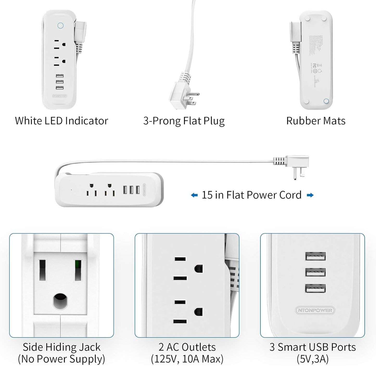 Travel Power Strip with USB Ports - 2 Outlets and 3 USB Charging Station, 15-Inch Compact Extension Cord for Hotels, Cruises, Nightstands, Airports, and Conference Rooms - White