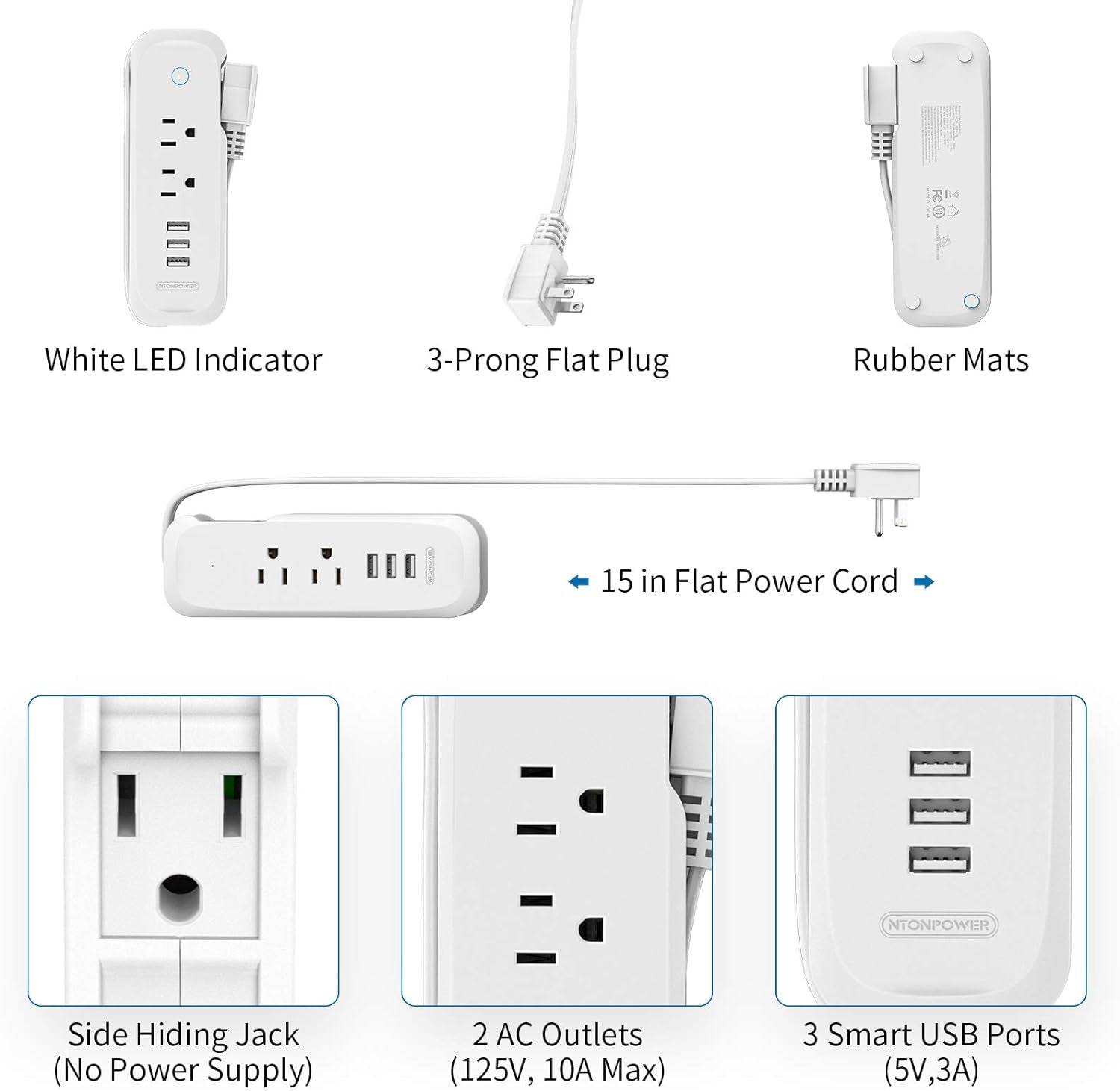 Travel Power Strip with USB Ports - 2 Outlets and 3 USB Charging Station, 15-Inch Compact Extension Cord for Hotels, Cruises, Nightstands, Airports, and Conference Rooms - White