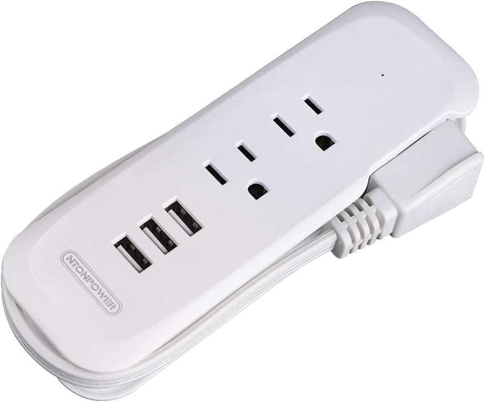 Travel Power Strip with USB Ports - 2 Outlets and 3 USB Charging Station, 15-Inch Compact Extension Cord for Hotels, Cruises, Nightstands, Airports, and Conference Rooms - White