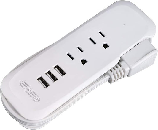 Travel Power Strip with USB Ports - 2 Outlets and 3 USB Charging Station, 15-Inch Compact Extension Cord for Hotels, Cruises, Nightstands, Airports, and Conference Rooms - White