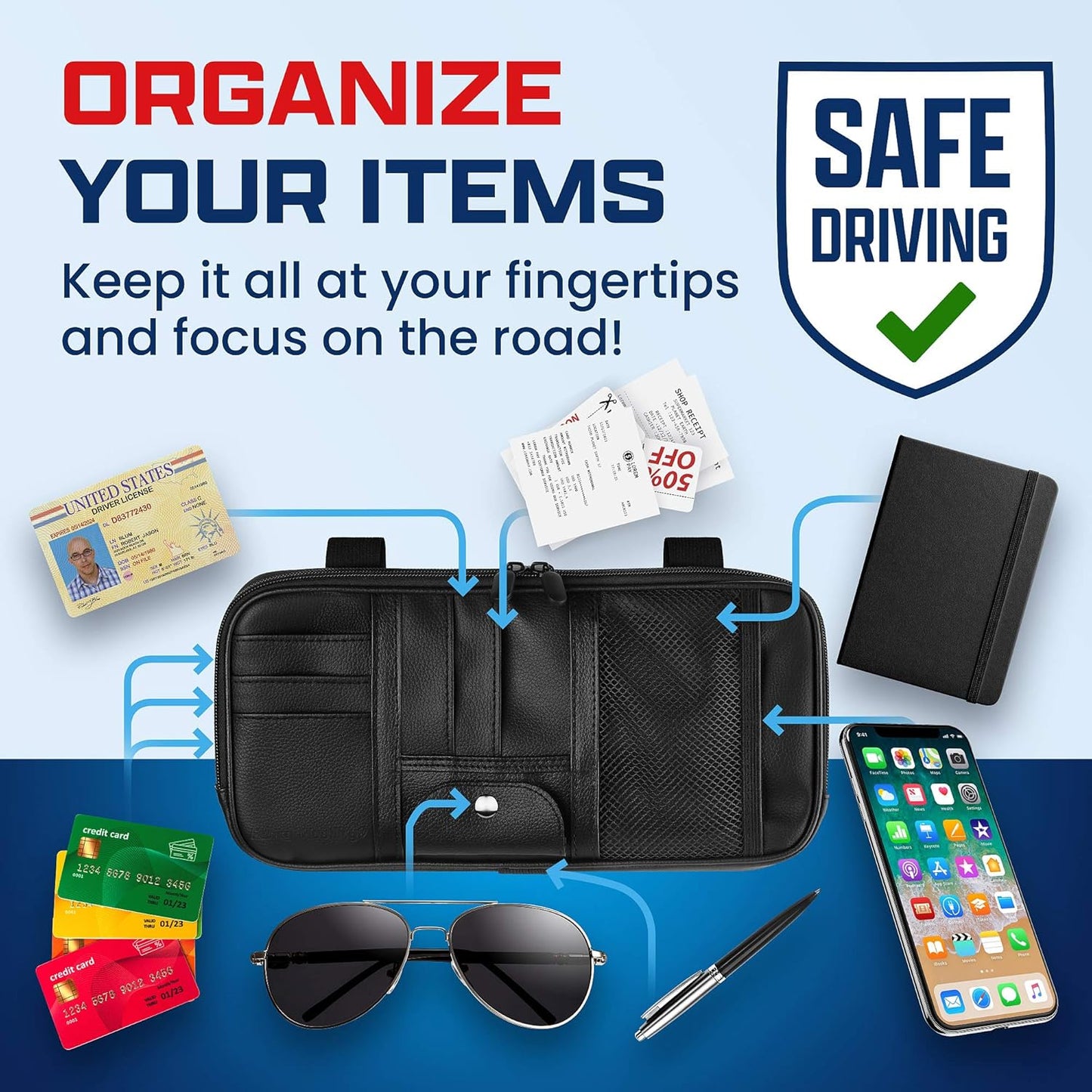 Car Sun Visor Organizer – Car, SUV, Truck Interior Accessories - Magnetic Glasses Holder & Full Length Horizontal Pockets, Allows Safe Driving - 12.2 X 6.1 In, Black