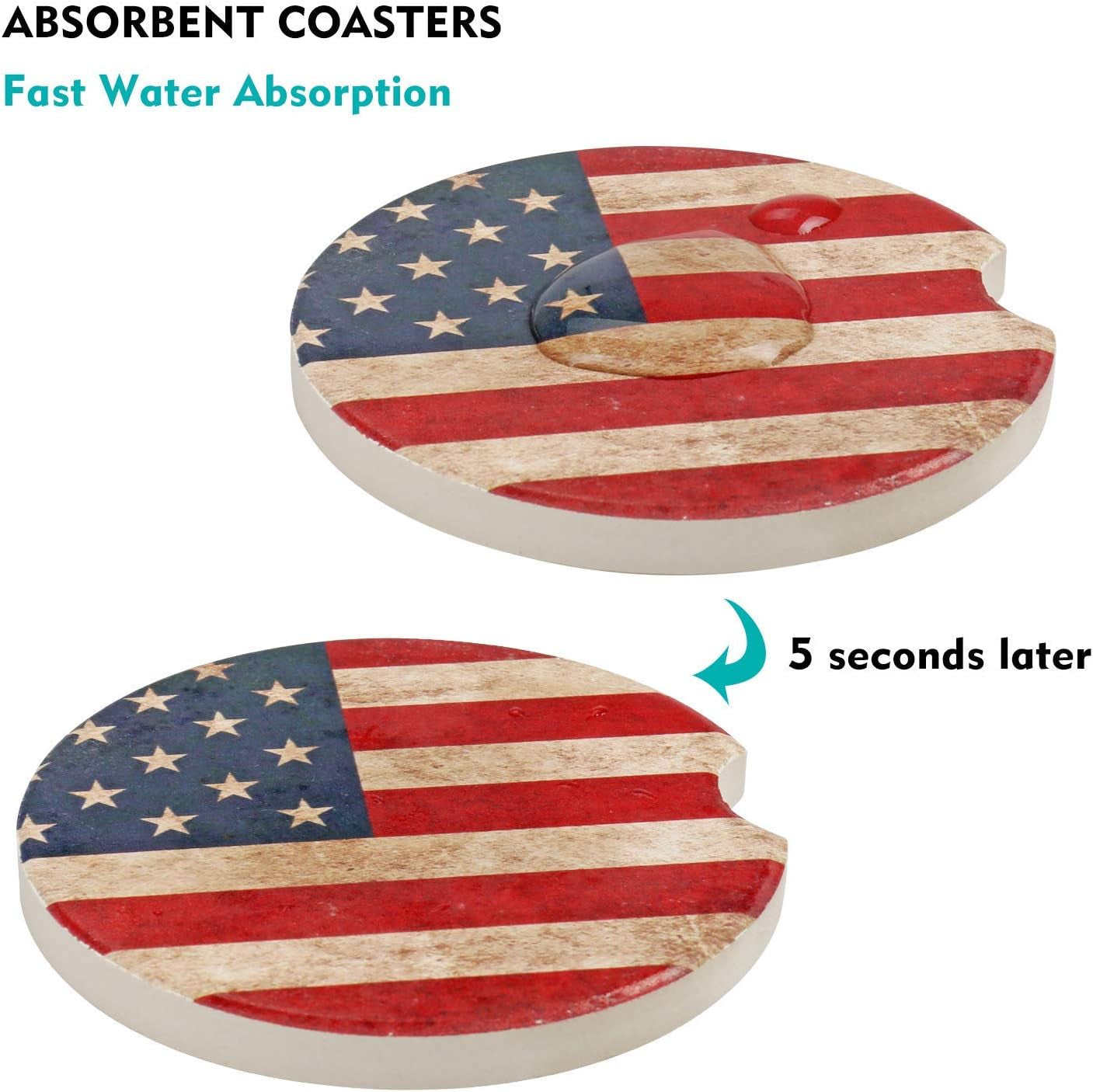 Car Coasters 2 Pack, Small 2.56" Stone Car Cupholder Absorbent Coaster Set for Women Men Drink Cup Holder Coasters (USA Flag)