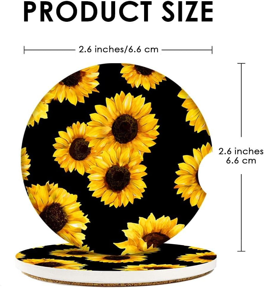 Absorbent Car Coasters 2 Pack for Cup Holders, 2.56" Ceramic Stone & Non-Scratch Cork Base Drink Coasters Sunflower