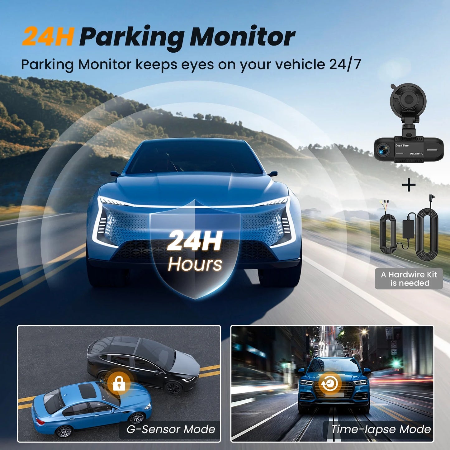 Front and Interior Dash Cam, 1080P FHD Car Camera with Rear IR Night Vision, Accident Lock, 24-Hour Park Mode, G-Sensor, Includes 32GB Memory Card