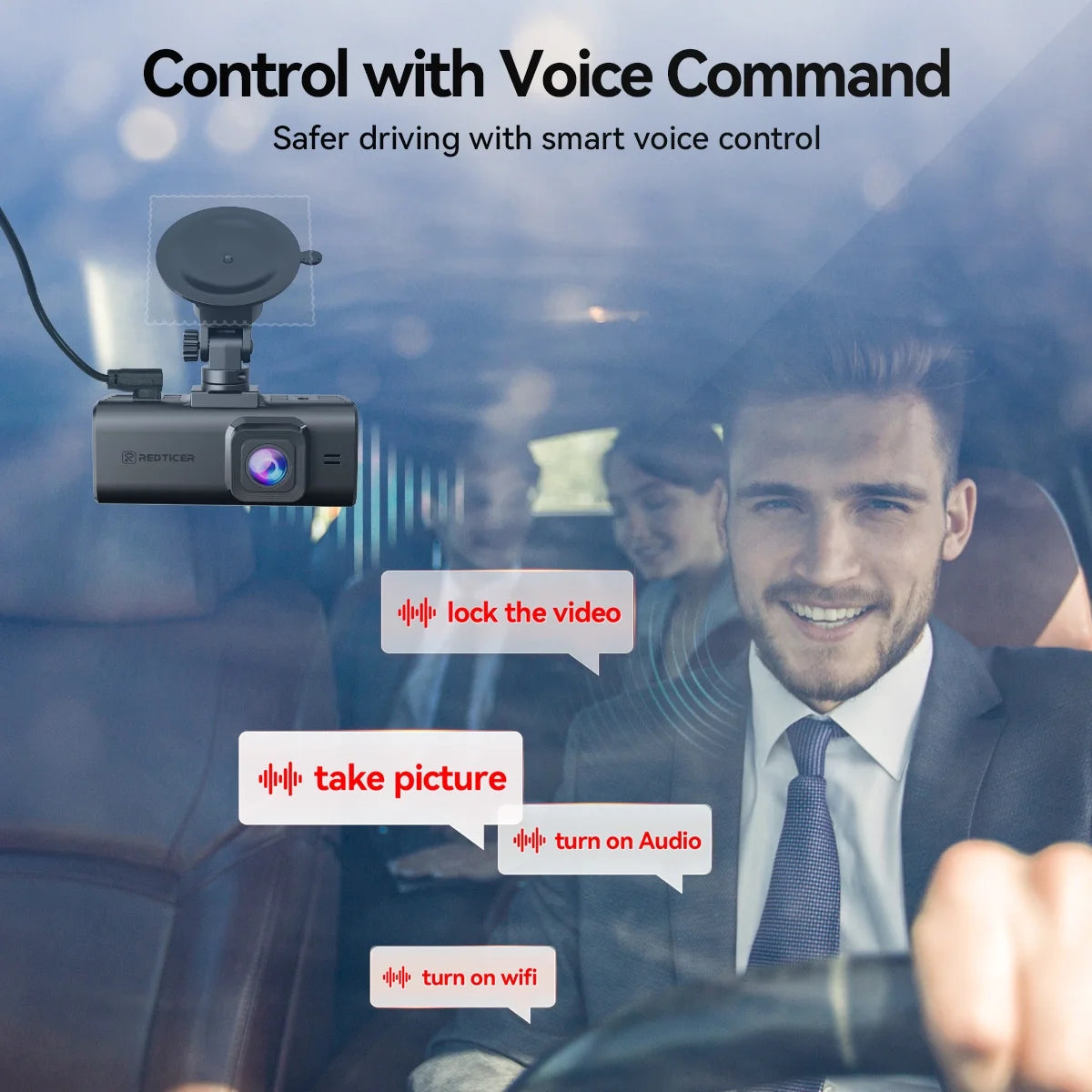 4K Dual Channel Dash Cam with Touch Screen, WiFi, GPS, Voice Control, Enhanced Night Vision, WDR, 24-Hour Parking Mode, Includes Free 64GB Memory Card