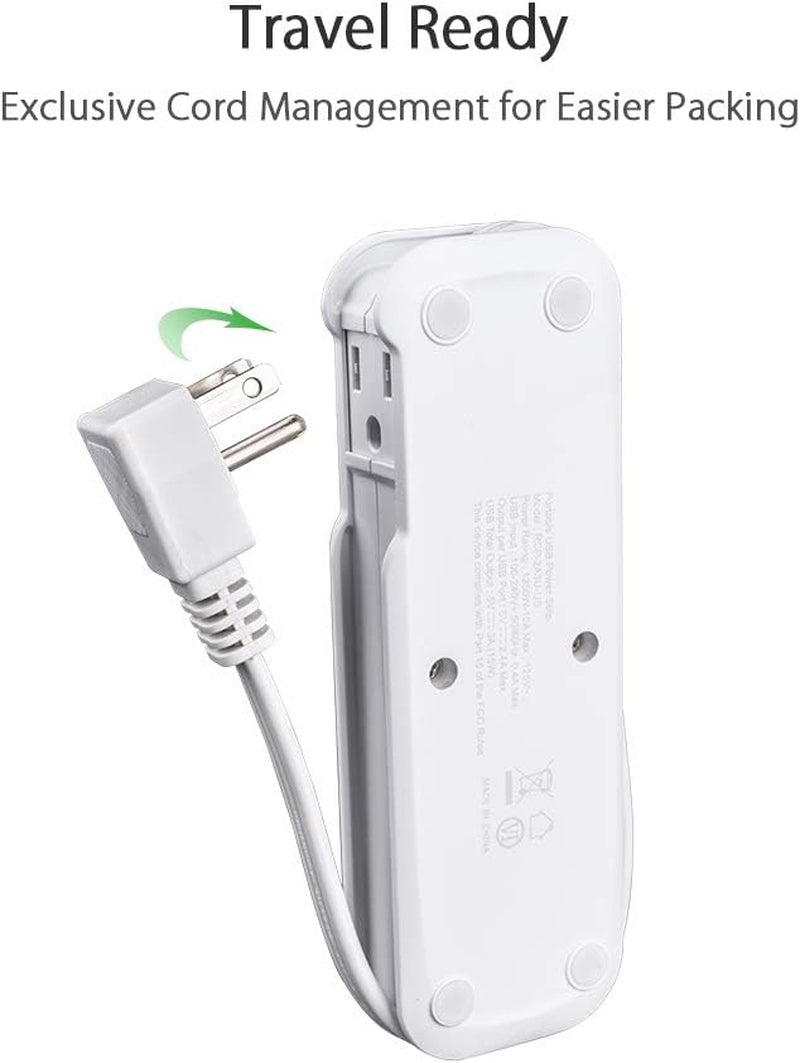 Travel Power Strip with USB Ports - 2 Outlets and 3 USB Charging Station, 15-Inch Compact Extension Cord for Hotels, Cruises, Nightstands, Airports, and Conference Rooms - White