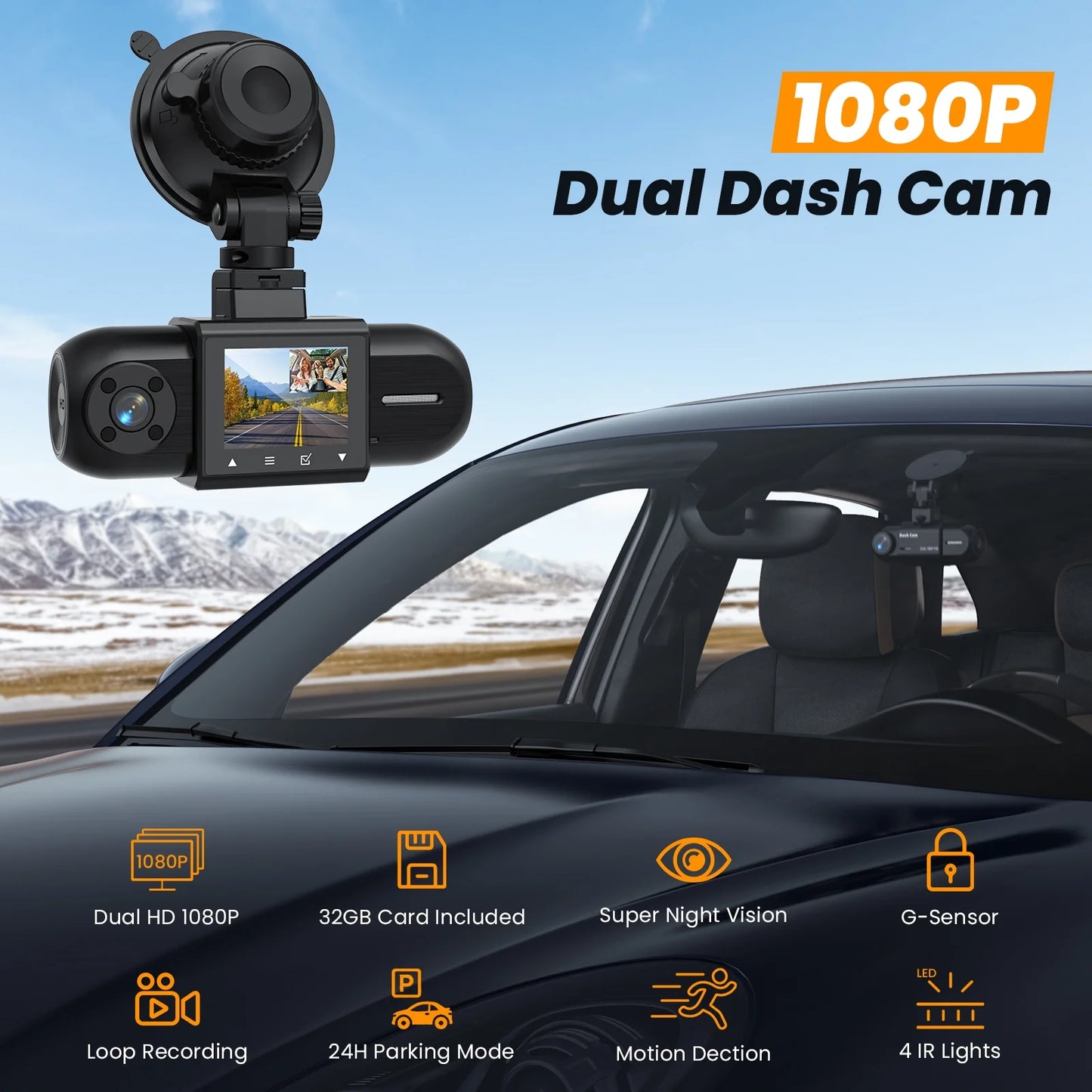 Front and Interior Dash Cam, 1080P FHD Car Camera with Rear IR Night Vision, Accident Lock, 24-Hour Park Mode, G-Sensor, Includes 32GB Memory Card