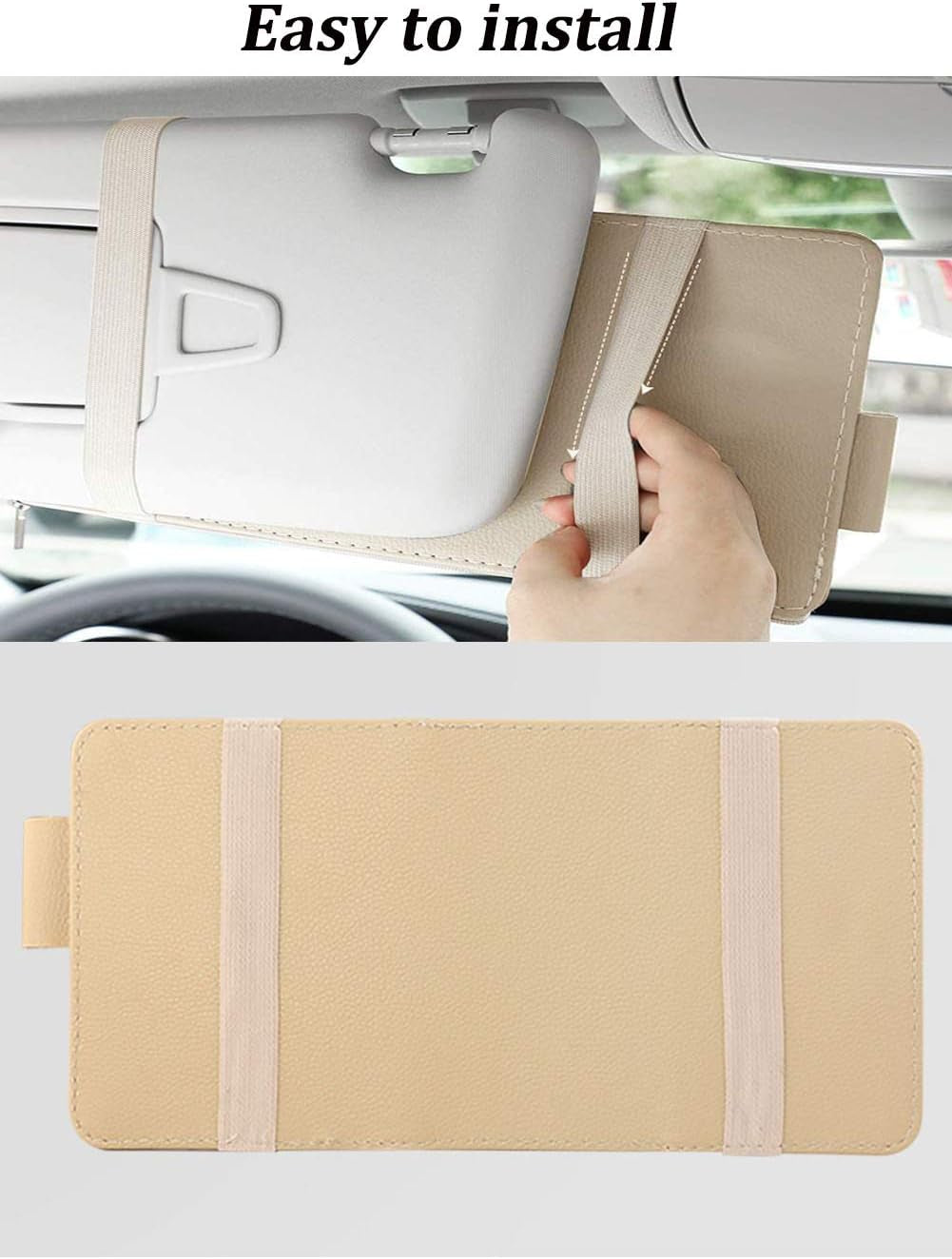 Car Sun Visor Organizer, Auto Car Interior Leather Accessories Storage Pocket Sun Visor Pouch Case Bag for Card License Registration Pen Mobile Phone Bill Note Key Document (Beige)