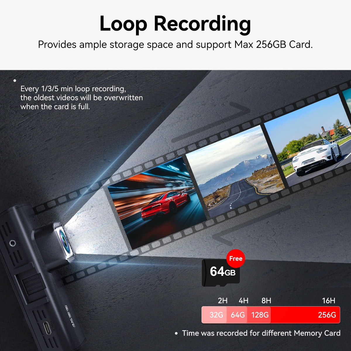 4K Dual Channel Dash Cam with Touch Screen, WiFi, GPS, Voice Control, Enhanced Night Vision, WDR, 24-Hour Parking Mode, Includes Free 64GB Memory Card