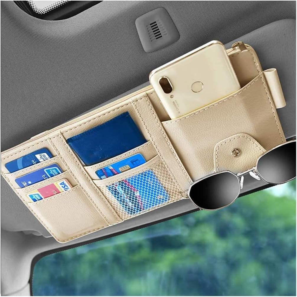 Car Sun Visor Organizer, Auto Car Interior Leather Accessories Storage Pocket Sun Visor Pouch Case Bag for Card License Registration Pen Mobile Phone Bill Note Key Document (Beige)