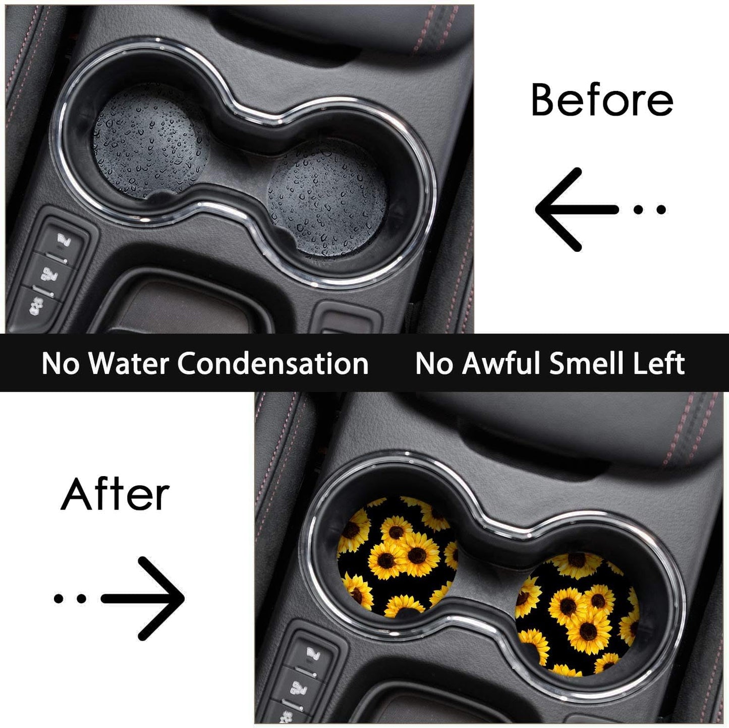 Absorbent Car Coasters 2 Pack for Cup Holders, 2.56" Ceramic Stone & Non-Scratch Cork Base Drink Coasters Sunflower