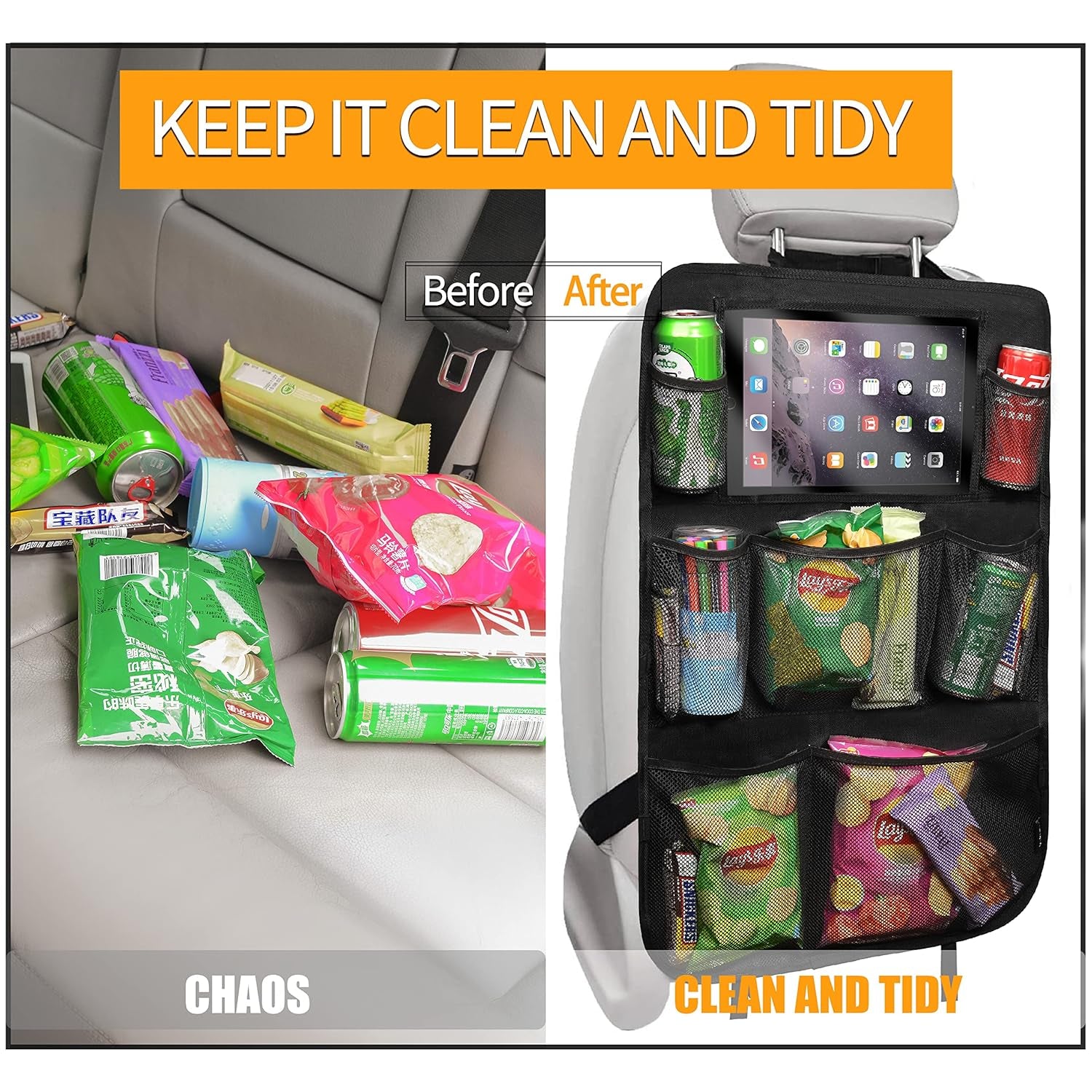 Car Backseat Organizer,Kick Mats Back Seat Protector with Touch Screen Tablet Holder,9 Storage Pockets, Waterproof Car Back Seat Organizer for Kids, Car Travel Accessories,Black (1.0, 1 Pack)