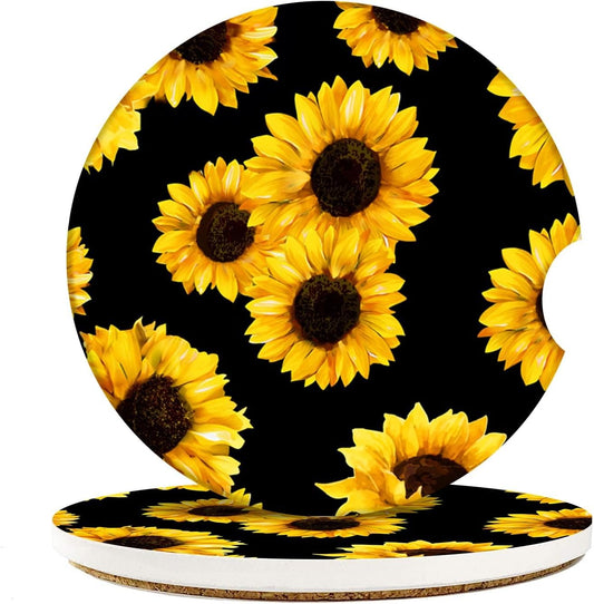 Absorbent Car Coasters 2 Pack for Cup Holders, 2.56" Ceramic Stone & Non-Scratch Cork Base Drink Coasters Sunflower