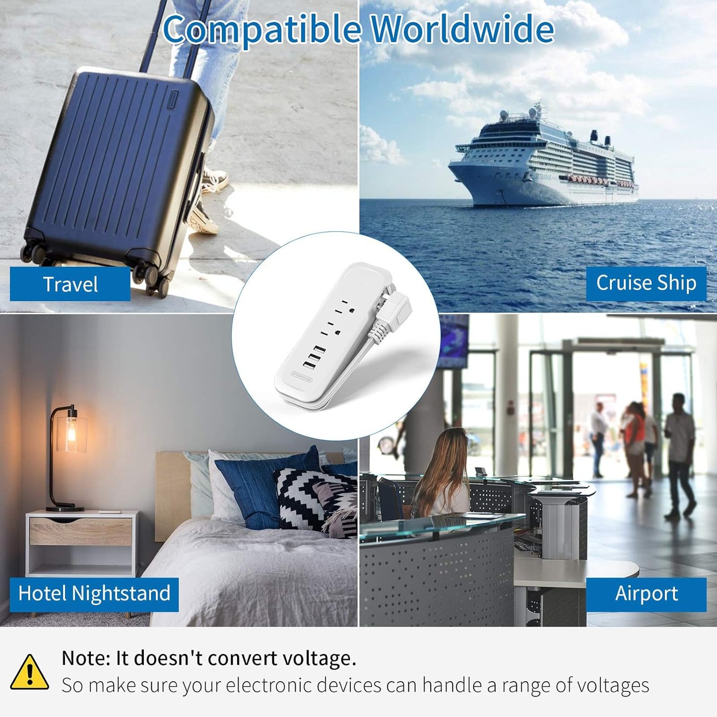 Travel Power Strip with USB Ports - 2 Outlets and 3 USB Charging Station, 15-Inch Compact Extension Cord for Hotels, Cruises, Nightstands, Airports, and Conference Rooms - White