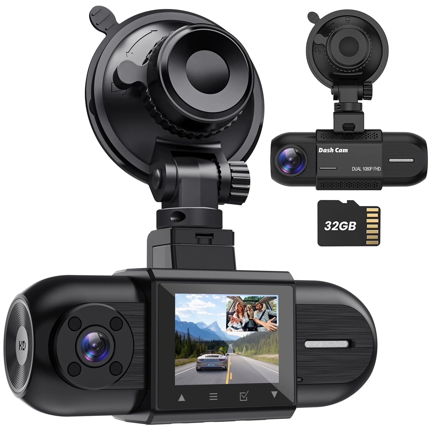 Front and Interior Dash Cam, 1080P FHD Car Camera with Rear IR Night Vision, Accident Lock, 24-Hour Park Mode, G-Sensor, Includes 32GB Memory Card