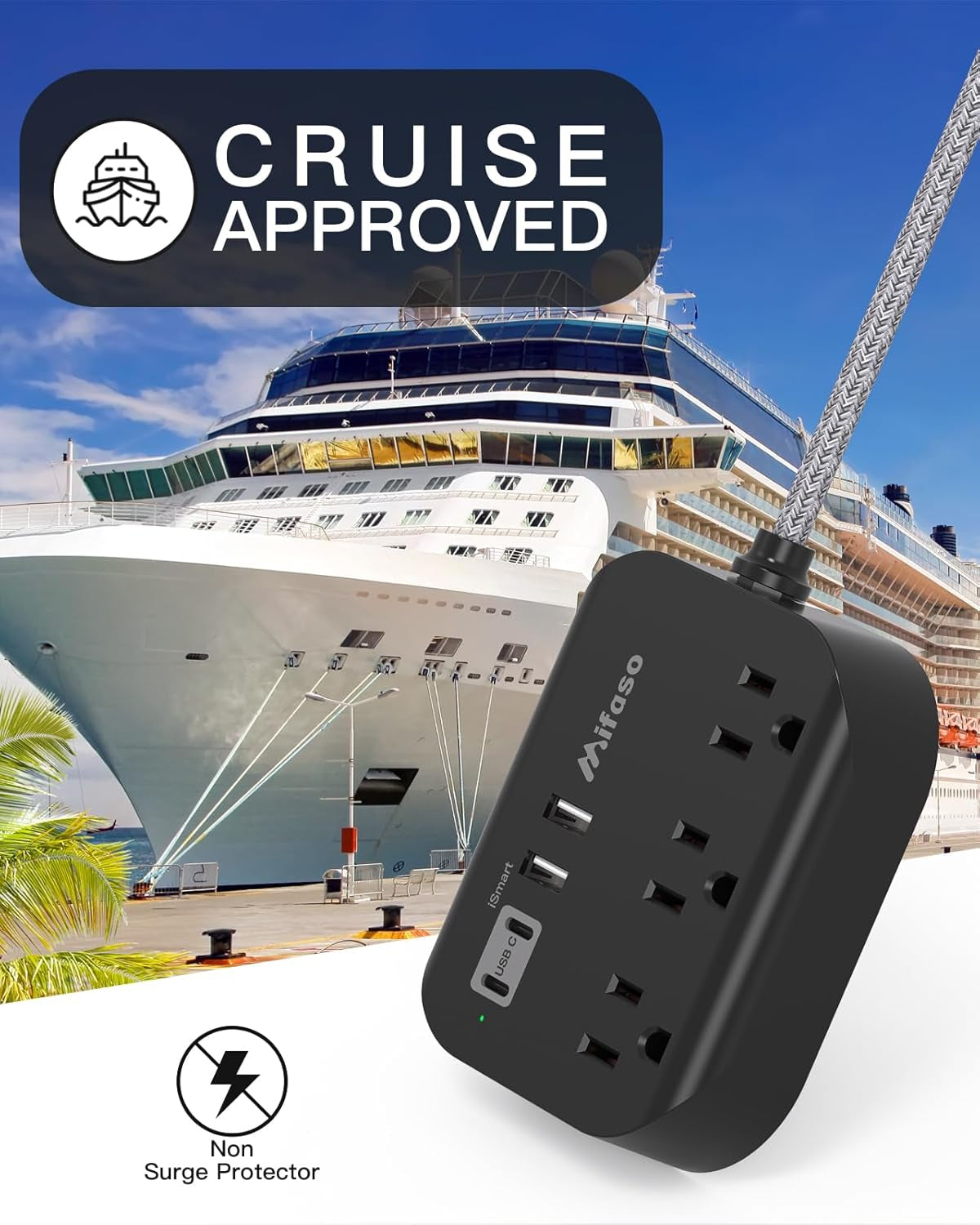 Cruise Ship Power Strip - Mountable Flat Plug with 3 Outlets and 4 USB Ports (Smart 3.1A), 5Ft Braided Extension Cord, Ideal for Travel, Home, and Dorm Use