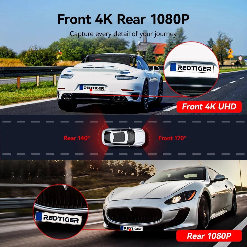 4K Dual Channel Dash Cam with Touch Screen, WiFi, GPS, Voice Control, Enhanced Night Vision, WDR, 24-Hour Parking Mode, Includes Free 64GB Memory Card