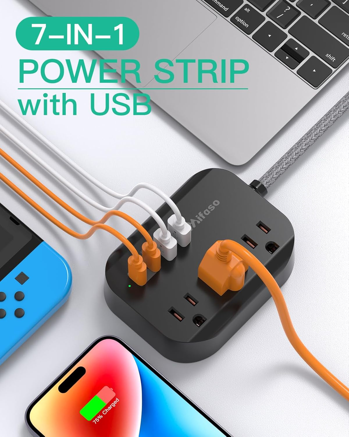 Cruise Ship Power Strip - Mountable Flat Plug with 3 Outlets and 4 USB Ports (Smart 3.1A), 5Ft Braided Extension Cord, Ideal for Travel, Home, and Dorm Use
