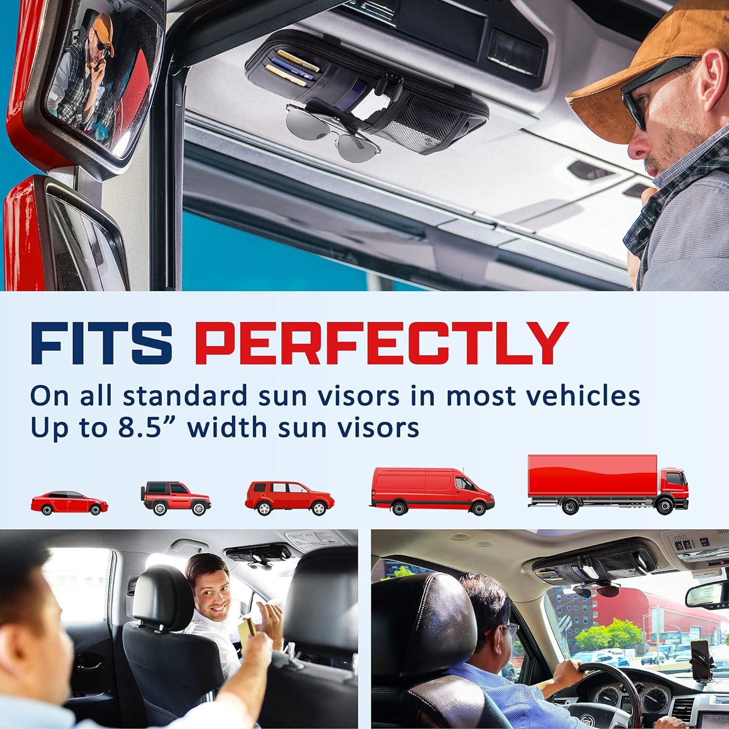 Car Sun Visor Organizer – Car, SUV, Truck Interior Accessories - Magnetic Glasses Holder & Full Length Horizontal Pockets, Allows Safe Driving - 12.2 X 6.1 In, Black