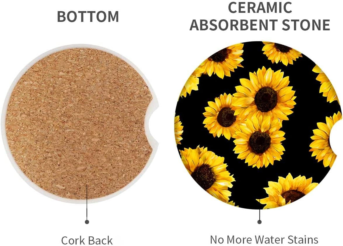 Absorbent Car Coasters 2 Pack for Cup Holders, 2.56" Ceramic Stone & Non-Scratch Cork Base Drink Coasters Sunflower