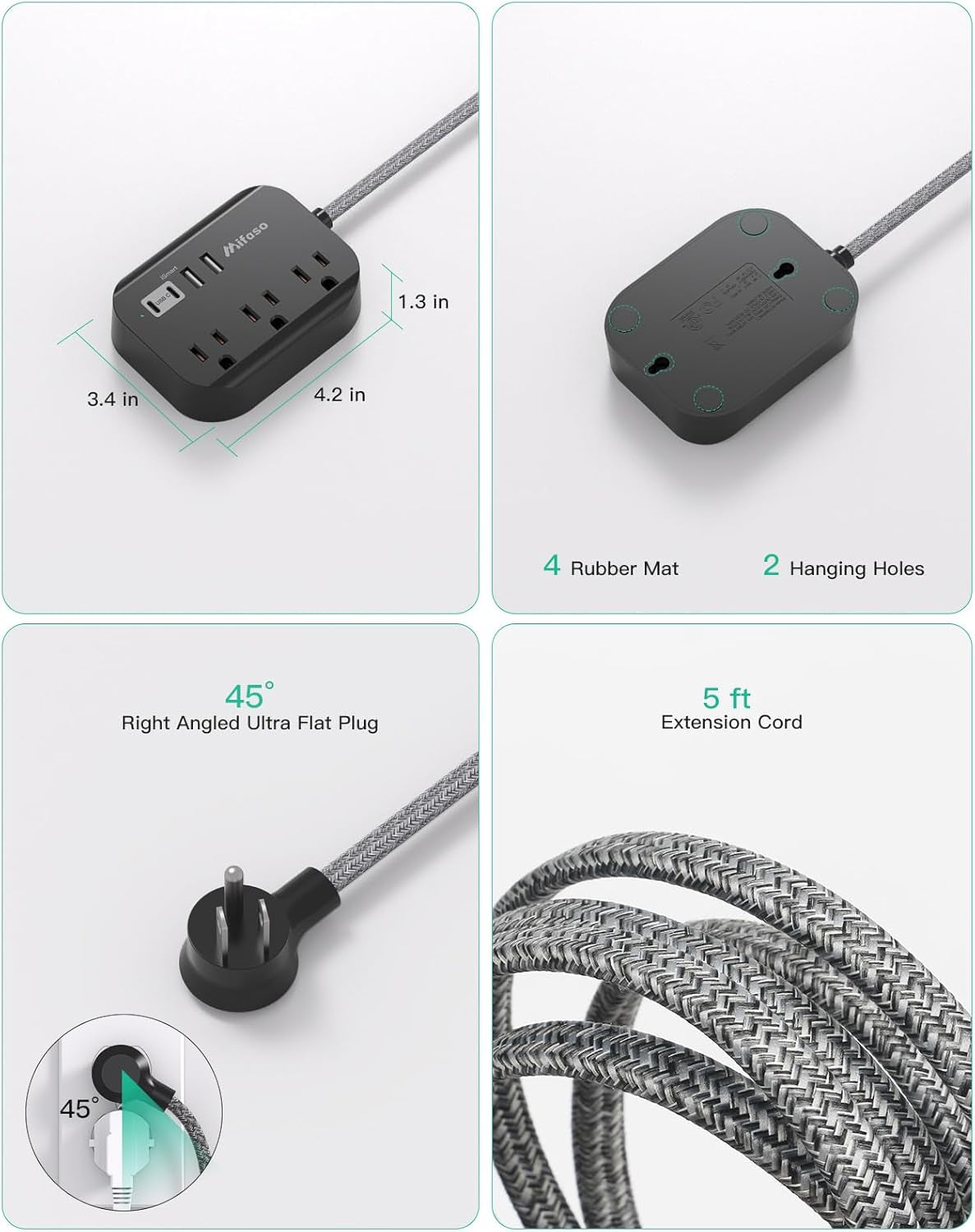 Cruise Ship Power Strip - Mountable Flat Plug with 3 Outlets and 4 USB Ports (Smart 3.1A), 5Ft Braided Extension Cord, Ideal for Travel, Home, and Dorm Use